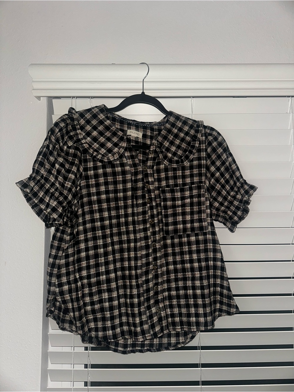 Pilcro Black and Cream Plaid Peter Pan Collar Button-Up Top
